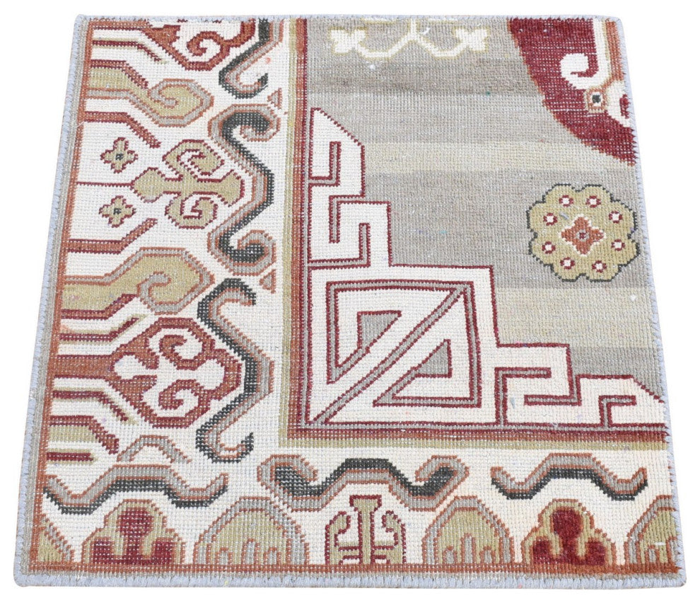 Ivory, Khotan Design, Hand Knotted Pure Wool, Mat Square Rug, 2'0"x2'2"