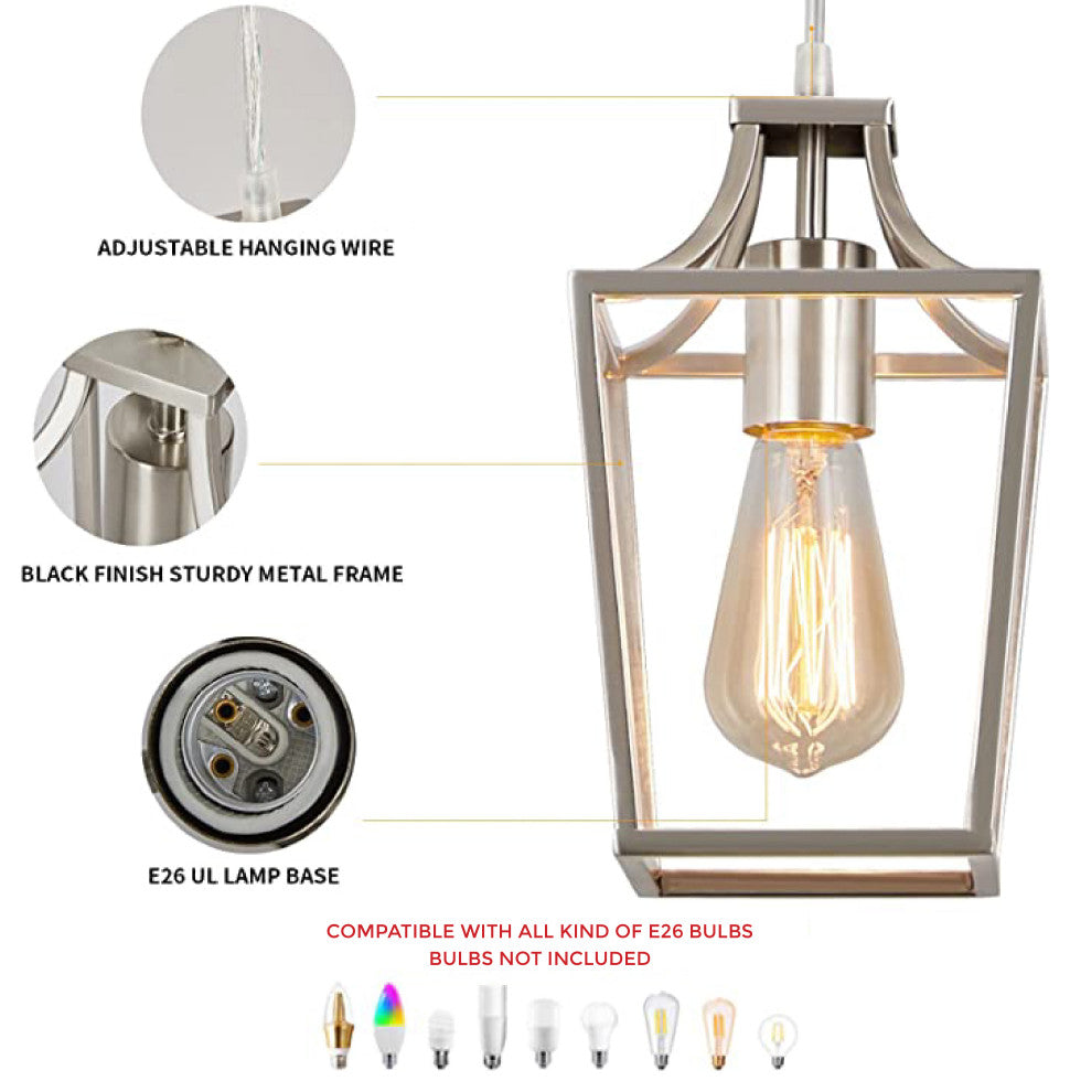 Brushed Nickel island pendant lights kitchen 1 Light lantern Modern bulb fixture