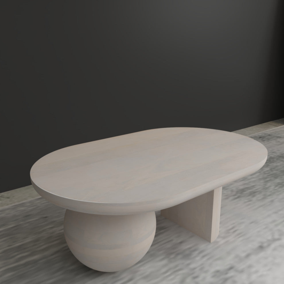 38" Coffee Table Oblong Mango Wood Top With a Modern Ball Leg Washed White