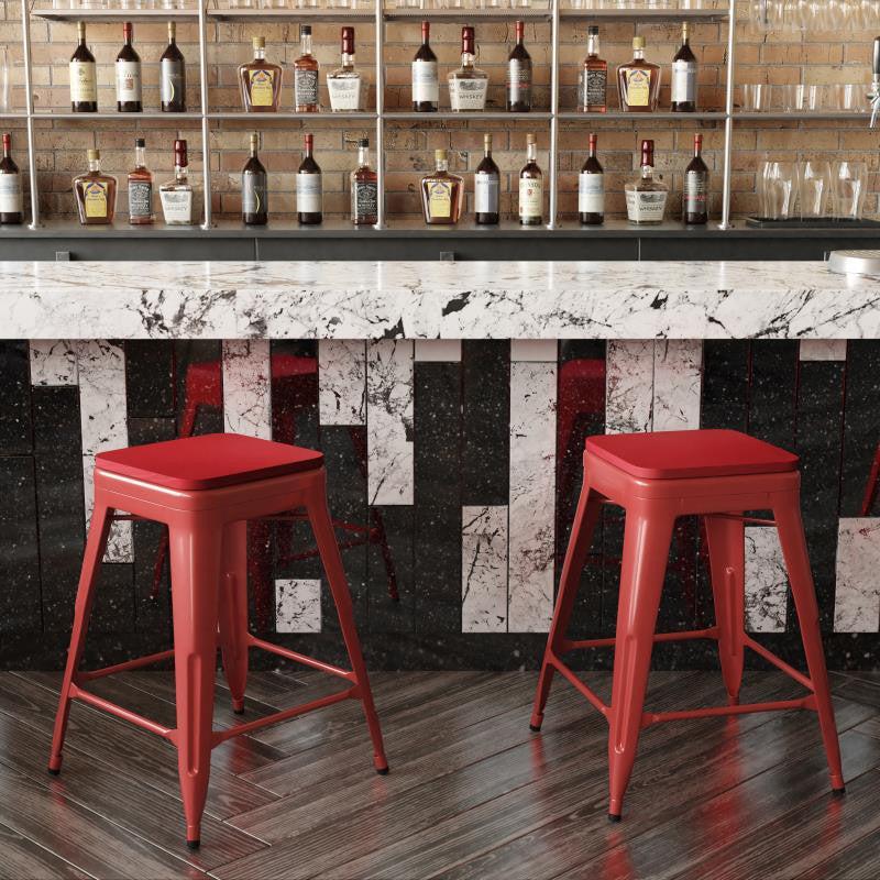 Kai Commercial Grade 24" High Metal Indoor-Outdoor Counter Height Stool, Red/Red
