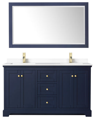 Avery 60, Double Vanity, Dark Blue, White Marble Top, SQ Sinks, 58, Mirror