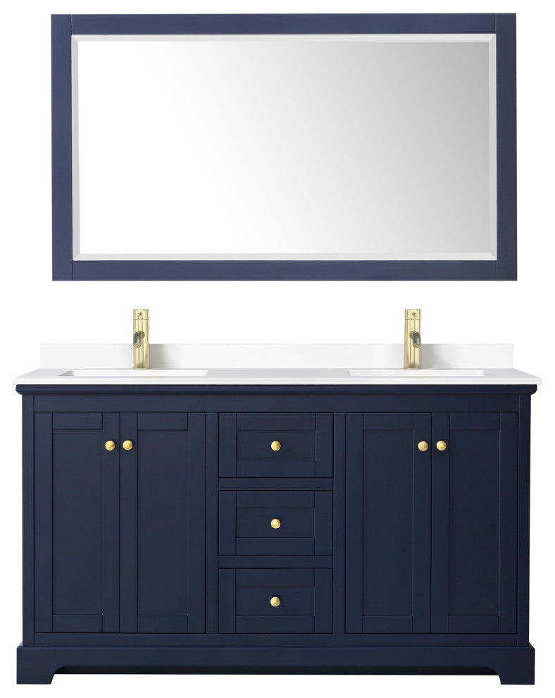 Avery 60, Double Vanity, Dark Blue, White Marble Top, SQ Sinks, 58, Mirror
