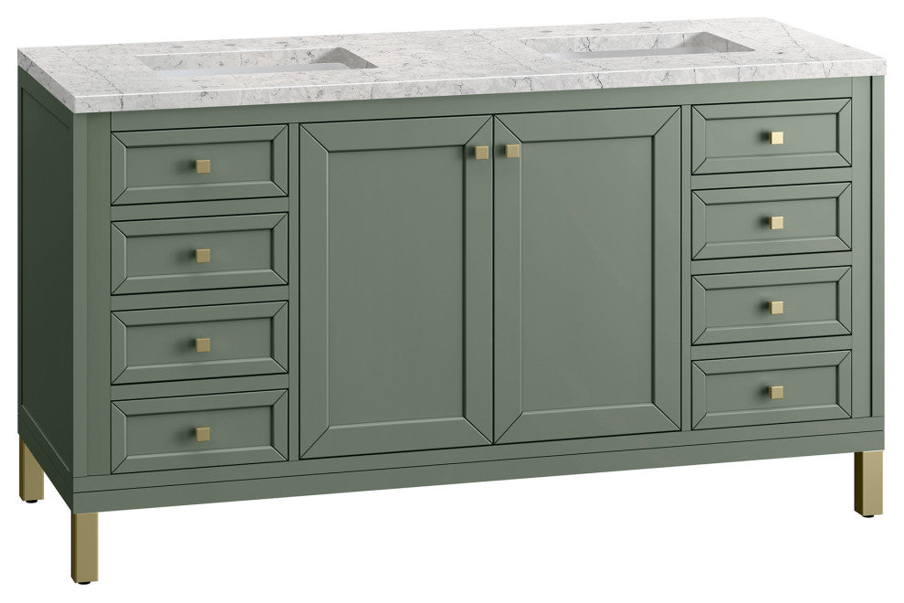 Chicago 60" Double Vanity, Smokey Celadon, Eternal Jasmine Pearl Quartz