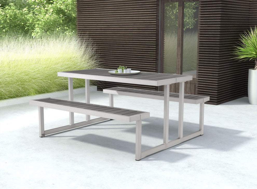 Dining Table Chair Set, Rectangular, Aluminum, Metal, Silver, Outdoor Patio
