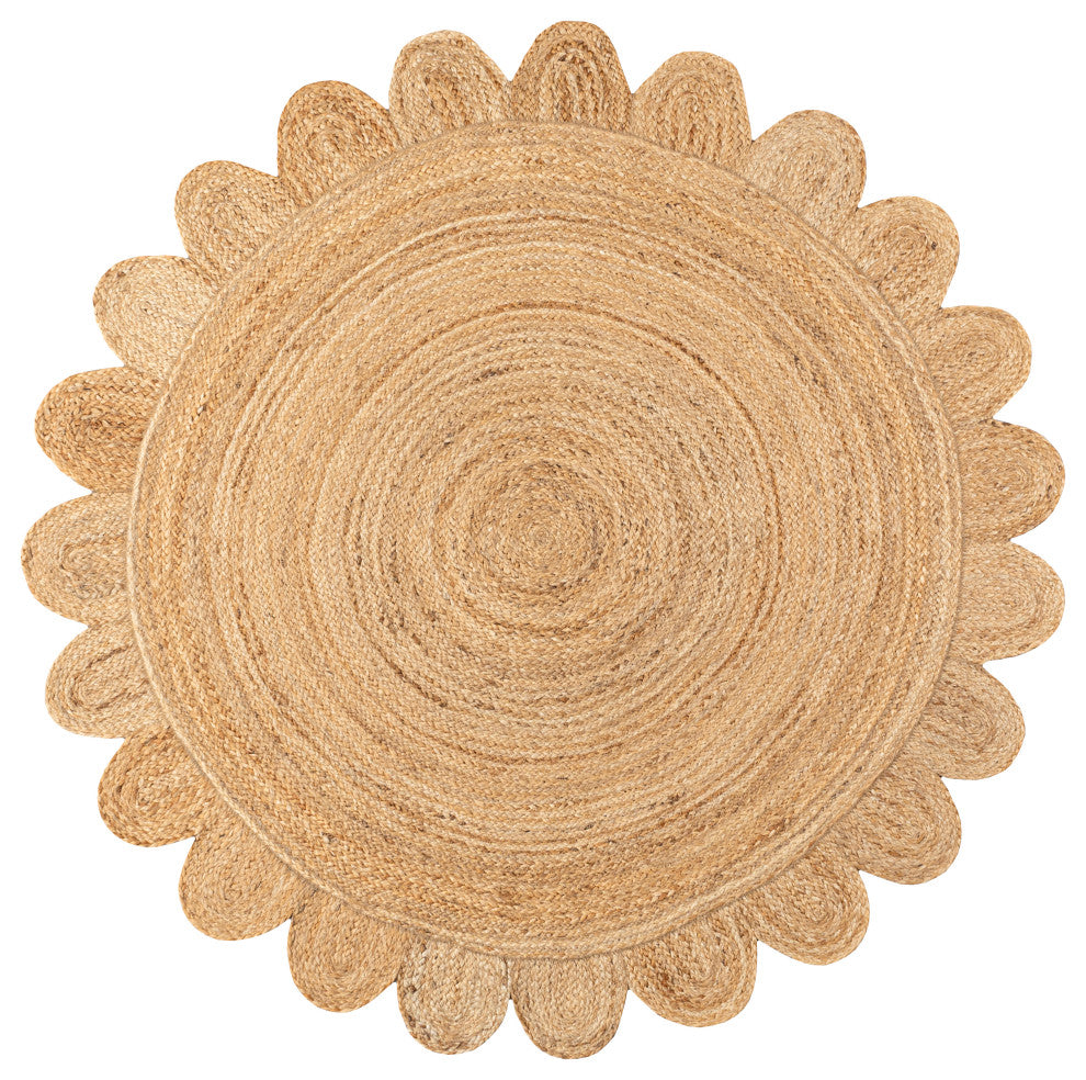 Petal Boho Jute Scalloped Circle Natural Round Area Rug, 6' Round