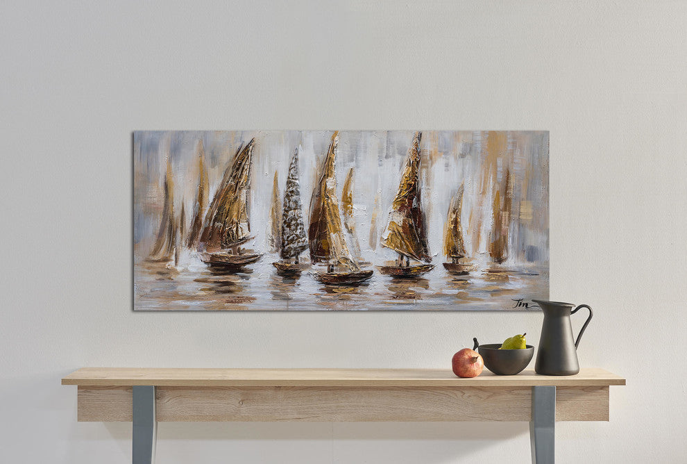 "Gold Sail Boats" Hand Painted Canvas Art, 55"x27.5" - Wrapped Canvas Painting