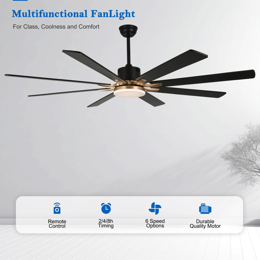 Large 72" Modern 8 Wood Blades Ceiling Fan w Dimmable LED Light Kit , Black