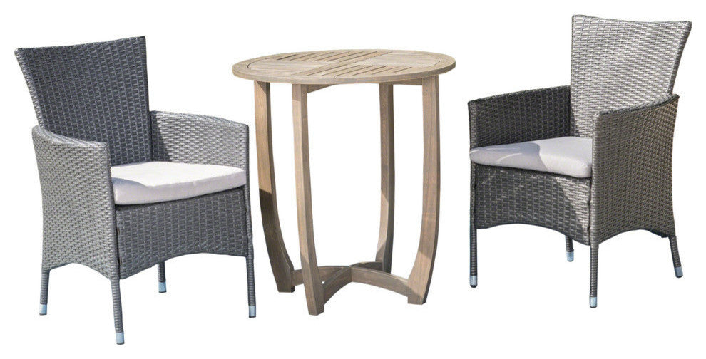 GDF Studio 3-Piece Lori Outdoor Wood and Wicker Bistro Set, Gray and Light Gray