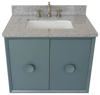 31" Single Wall Mount Vanity, Aqua Blue Finish With Gray Granite Top