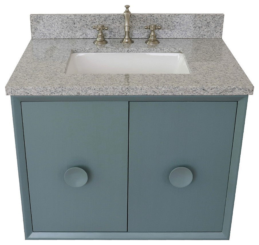 31" Single Wall Mount Vanity, Aqua Blue Finish With Gray Granite Top