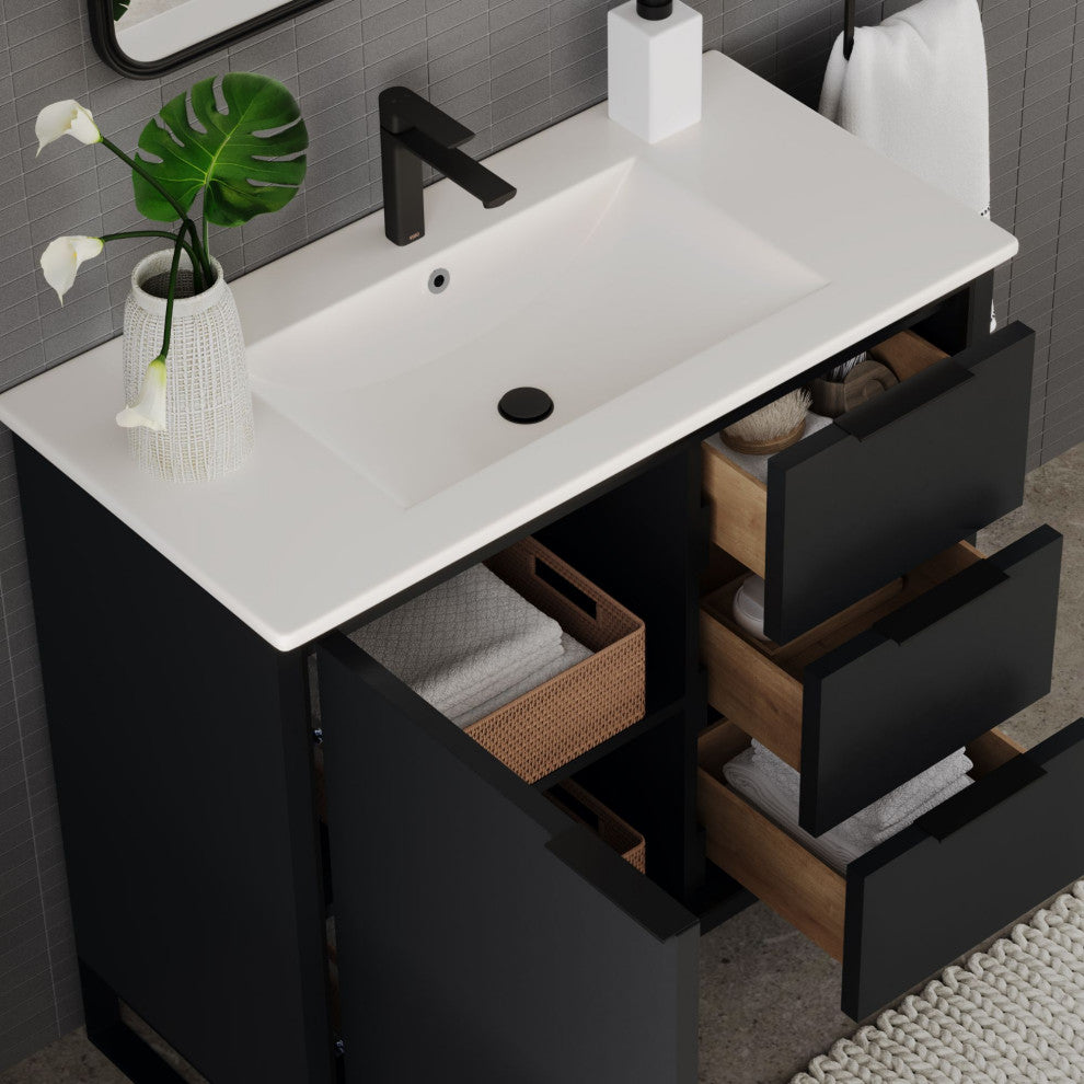 Bradford Bath Vanity, Black, 36", Black Hardware, Single Sink, Freestanding