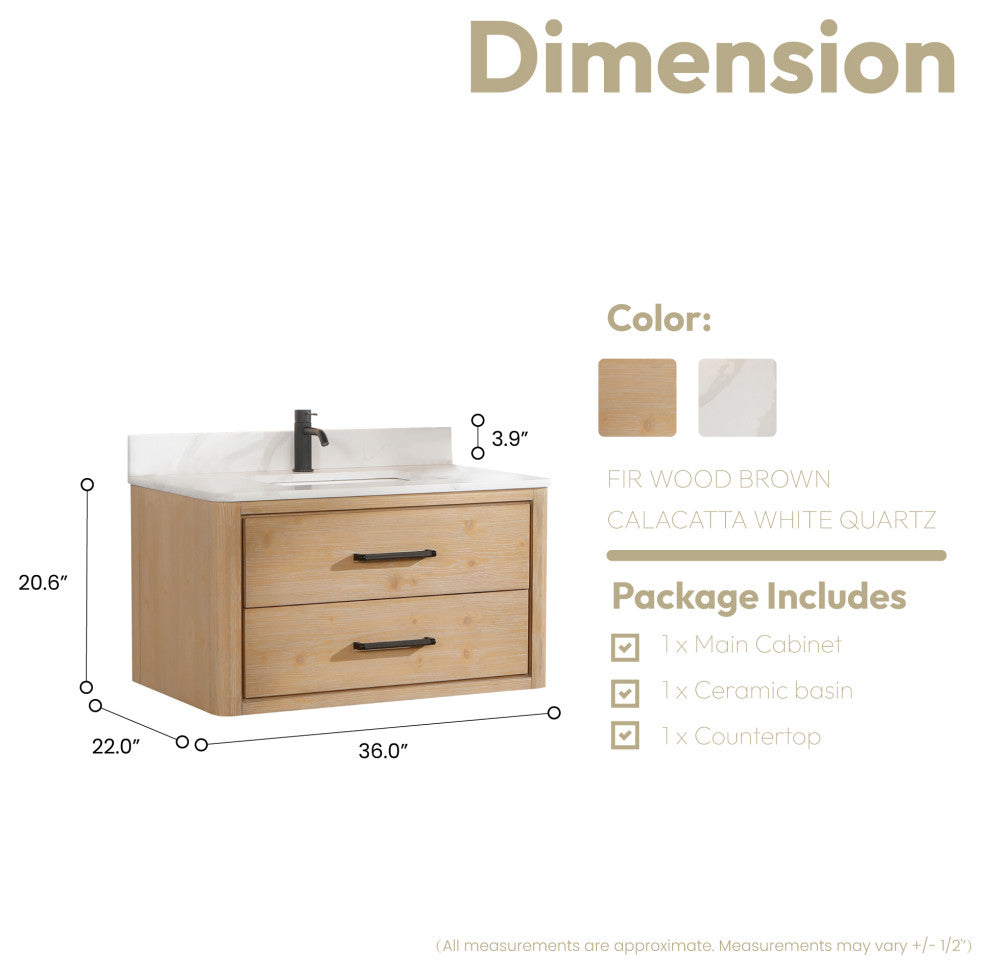 Cristo Floating Bath Vanity With Stone Top, Fir Wood Brown, 36in., No Mirror