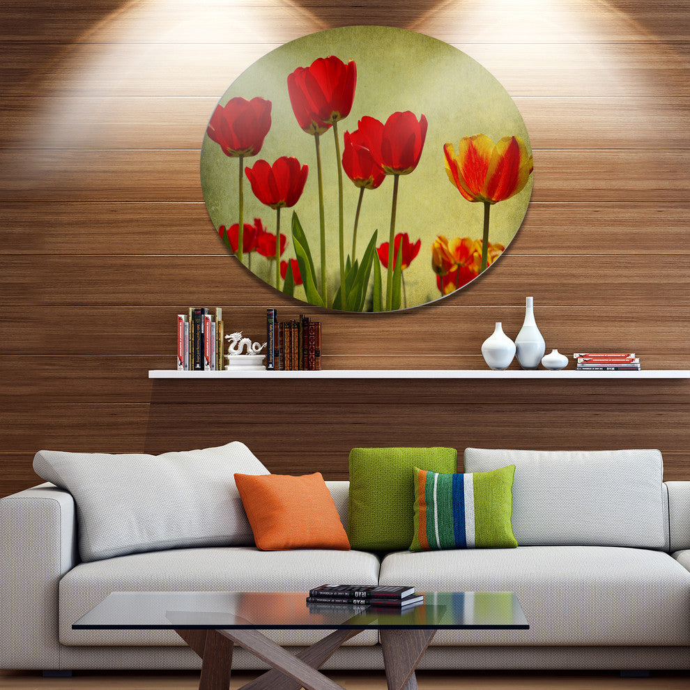 Grunge Flowers Background, Modern Floral Round Metal Wall Art, 11"