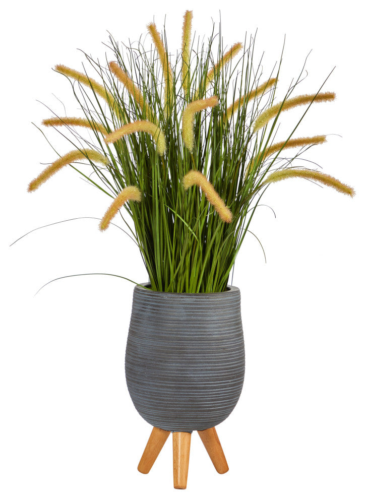 3' Onion Grass Artificial Plant, Gray Planter With Stand