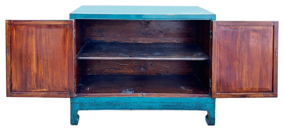 Distressed Rich Teal Blue 2 Doors Low Credenza Sideboard Console Cabinet