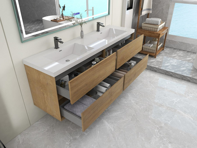 Ashley 72'' Floating Vanity, Acrylic Top, Double Sink, White Oak