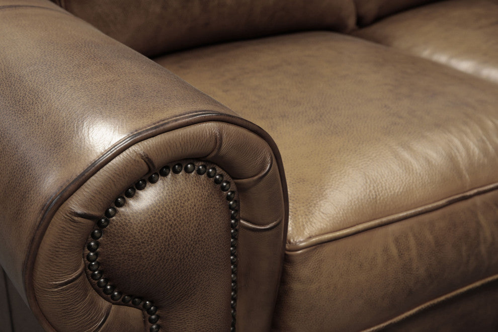 Valencia 100% Top Grain Hand Antiqued Leather Traditional Sofa, Taupe