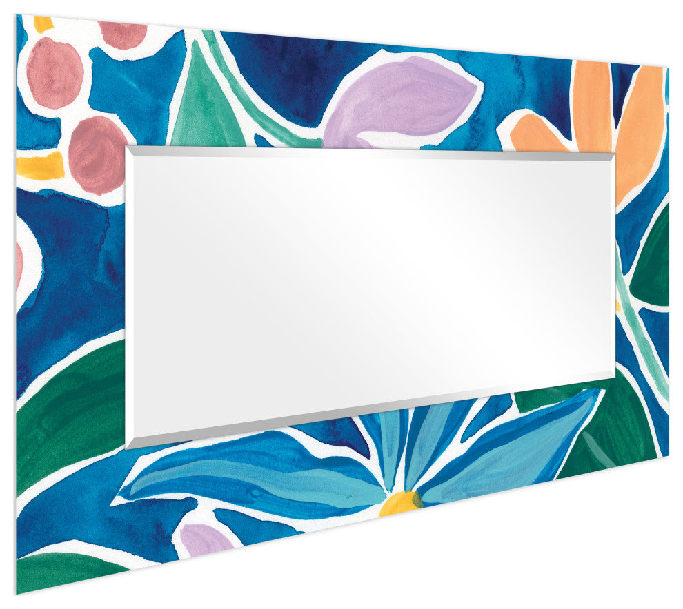 Blue Rectangular Beveled Mirror on Free Floating Printed Tempered Art Glass