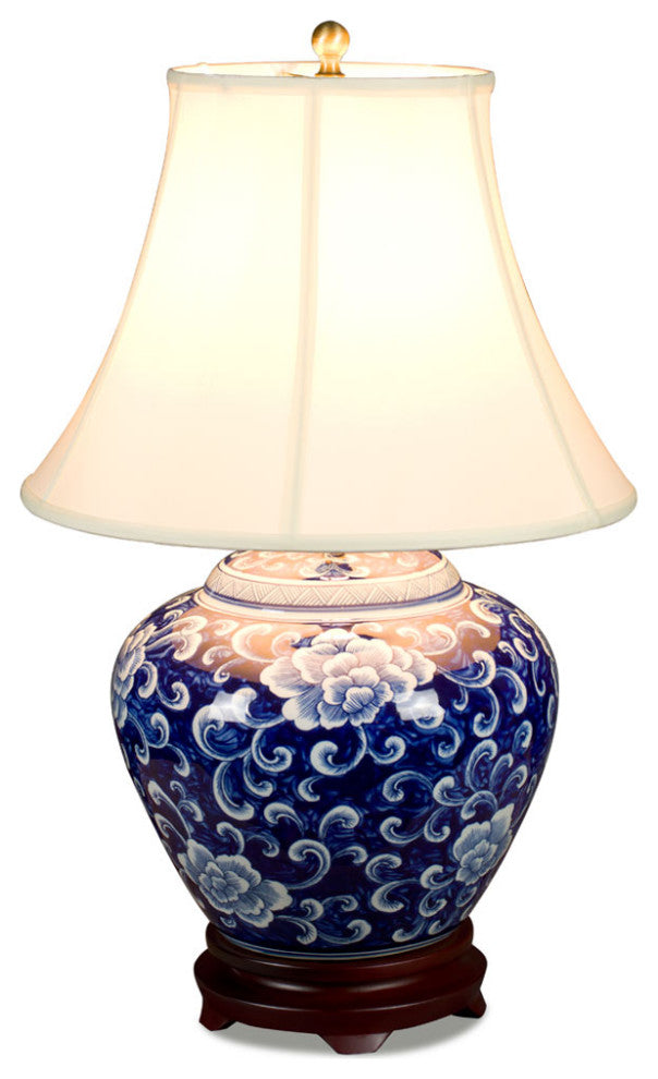 Blue and White Peony Motif Asian Porcelain Lamp