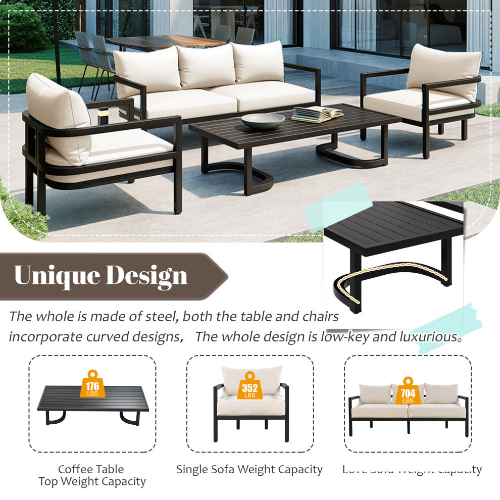 4-Piece Outdoor  Steel Patio Sectional with Table and Cushions, Beige