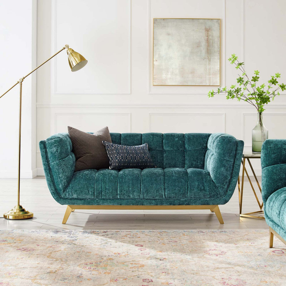 Loveseat Sofa, Velvet, Teal Blue, Modern, Living Lounge Hotel Lobby Hospitality