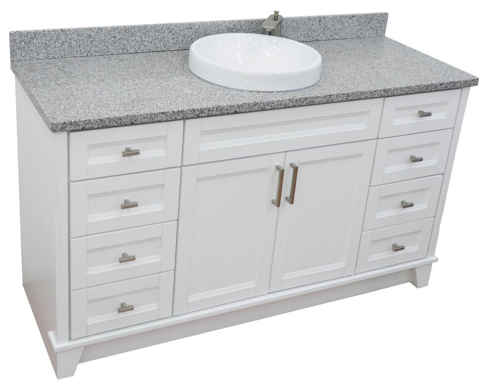 61" Single Sink Vanity, White Finish And Gray Granite And Round Sink
