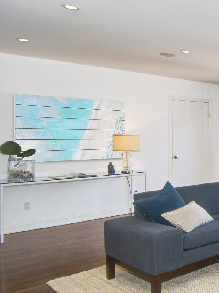 "Hazy Beach" Painting Print on White Wood, 60"x30"