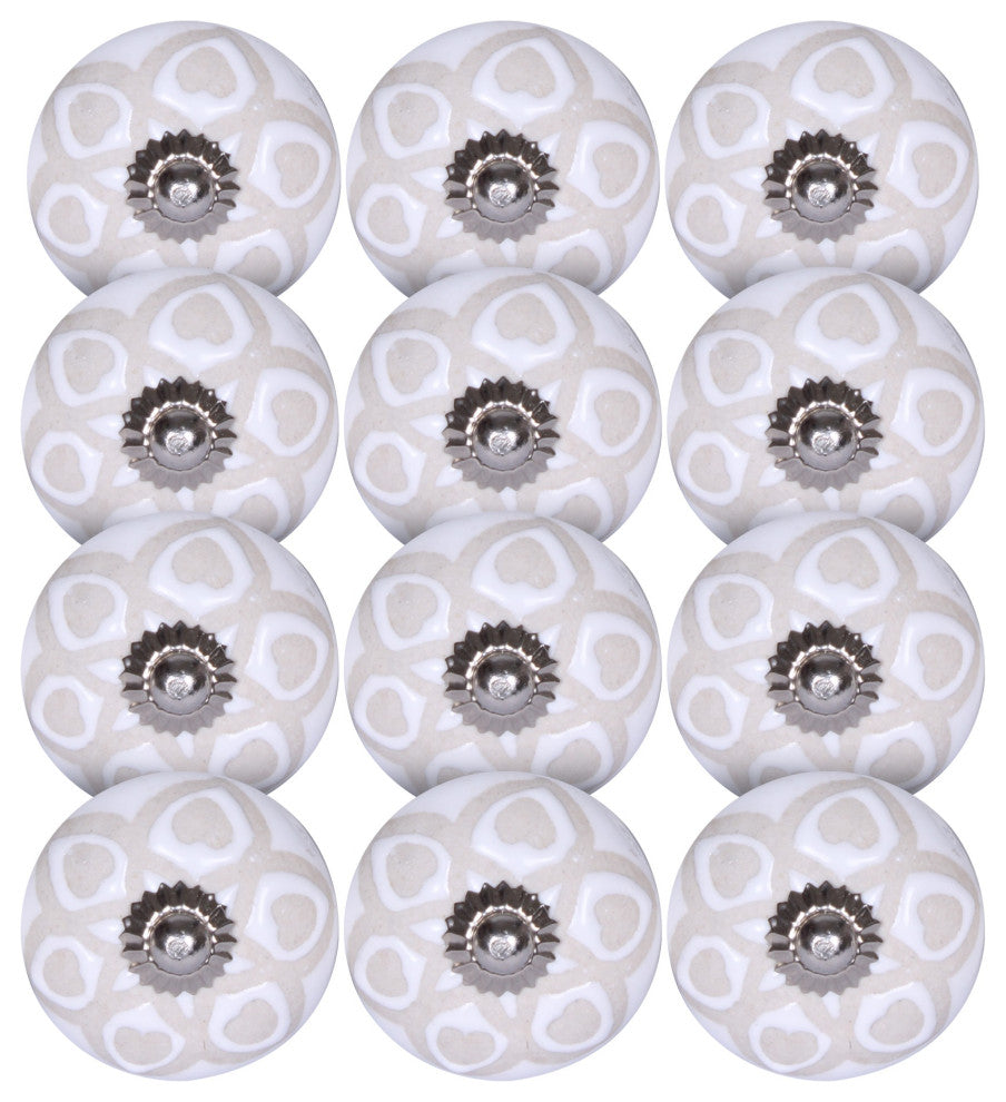 Set of 12 Vintage White and Beige Circles Ceramic Knobs
