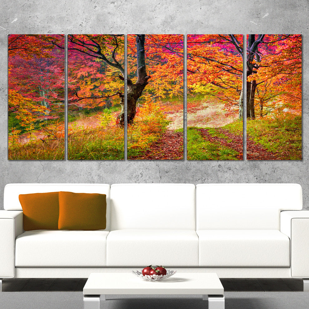 Bright Colorful Fall Trees in Forest, Landscape Canvas Print, 60"x28", 5 Panels