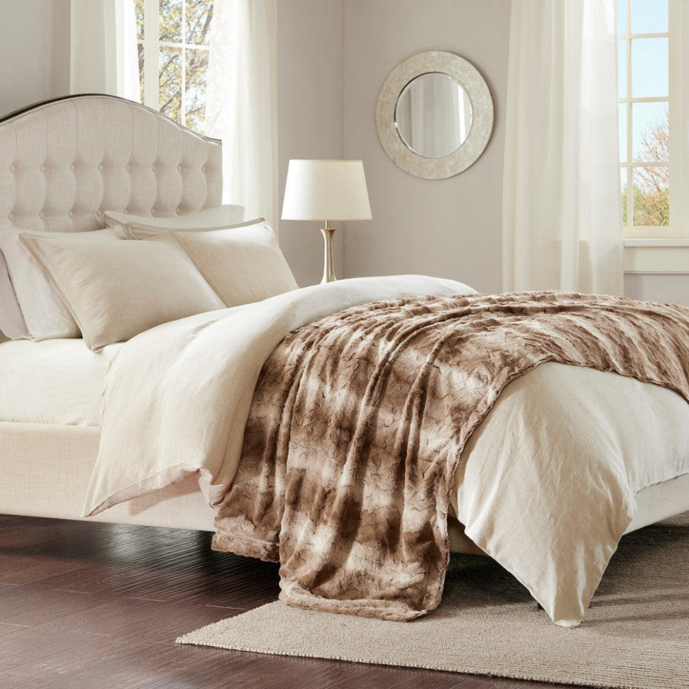 Madison Park Zuri Faux Fur Oversized Bed Throw, Tan