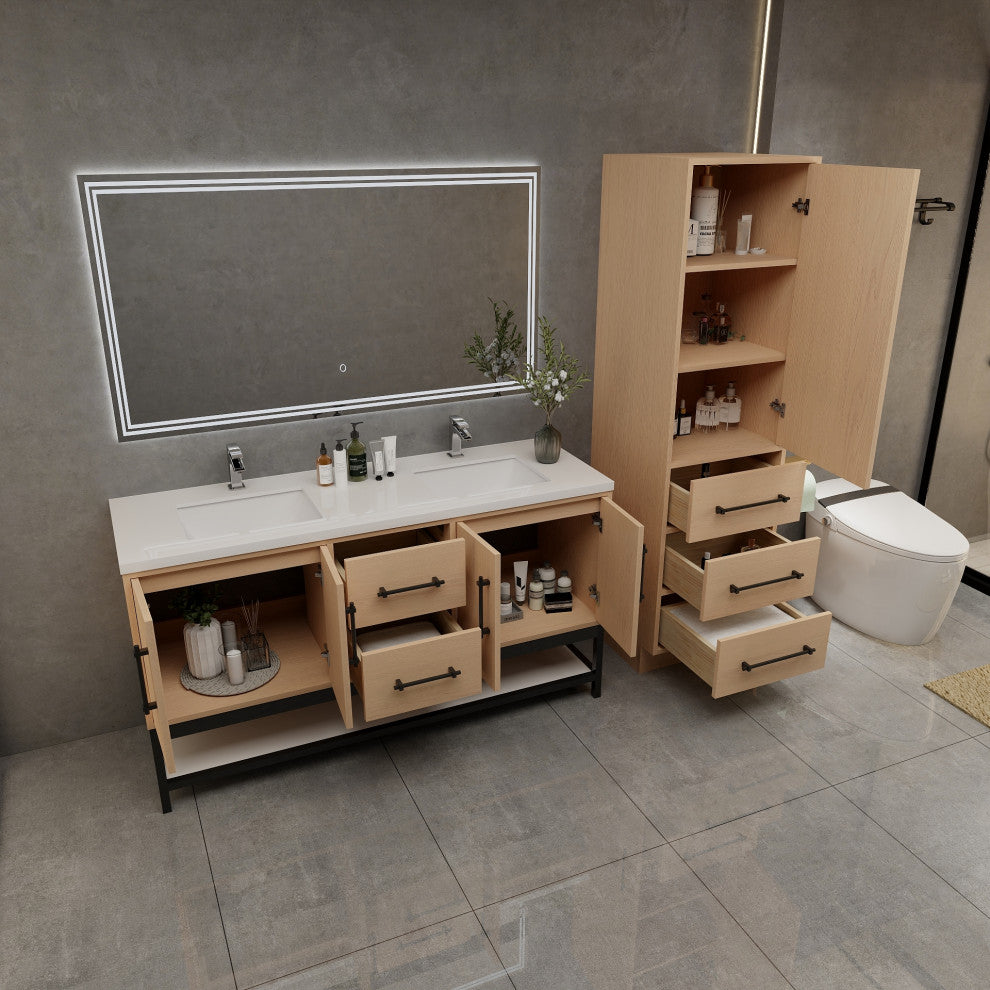 Victoria 60'' Solid Wood Open Shelf Bath Vanity Double Sink, Yellow Oak