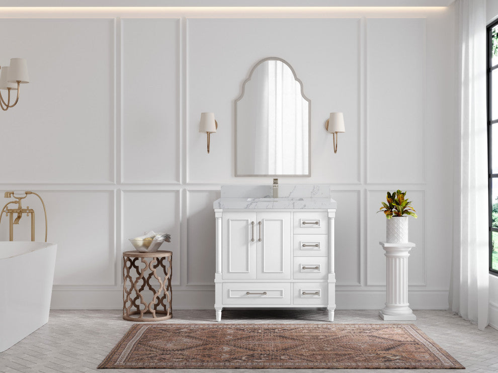 Aberdeen 36 Center Sink Bath Vanity in White 2" Venatino Quartz