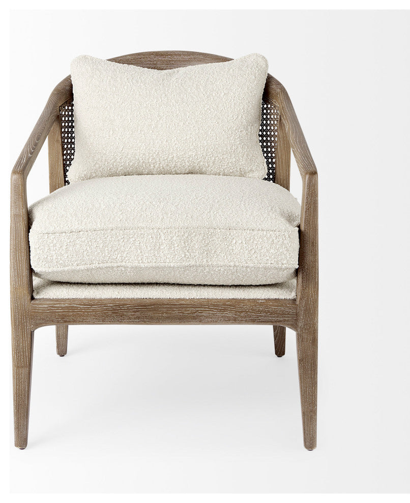 Landon Cream Fabric Seat w/ Light Brown Solid Wood & Cane Back Accent Chair