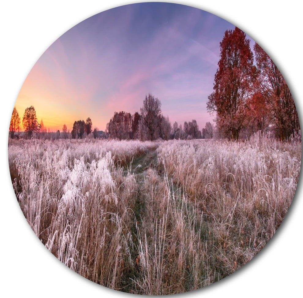 Frosty Fall Trees With Red Leaves, Landscape Round Metal Wall Art, 11"