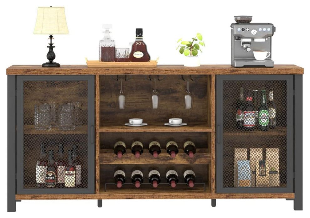 Rustic Bar Cabinet With Bottle Storage and Double Mesh Door Design, Rustic Brown