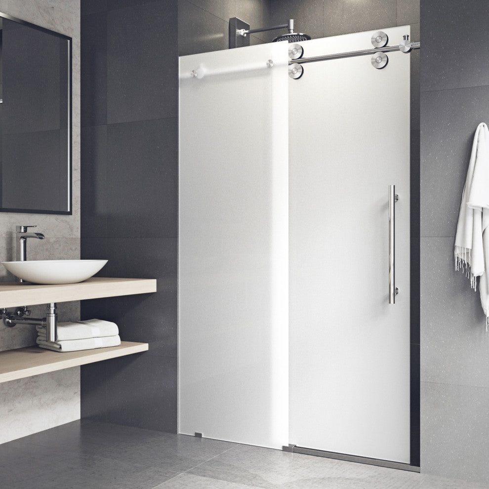 VIGO Elan 56" to 60" W x 74" H Frameless Sliding Shower Door, Stainless Steel, Right, Frosted Glass