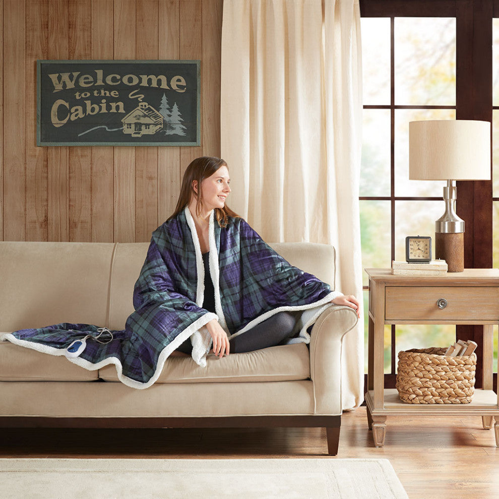 Woolrich Brewster Heated 60x70" Berber Plaid Electric Throw Blanket, Green