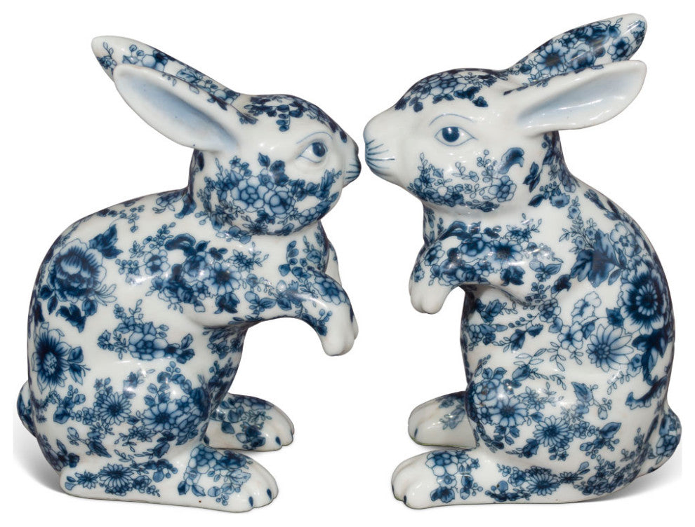 Blue and White Porcelain Rabbit Chinese Statue Set
