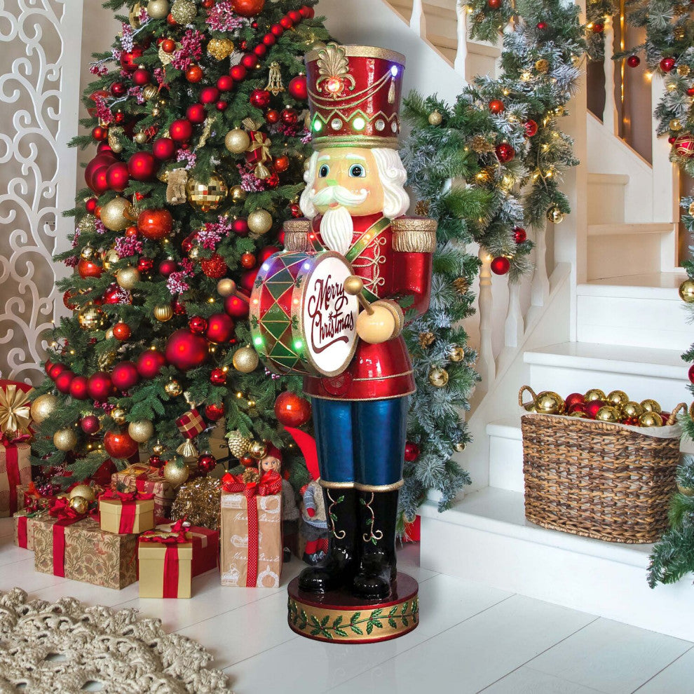 5' Nutcracker Playing Bass Drum With Moving Hands, Music, Timer, 15 LEDs