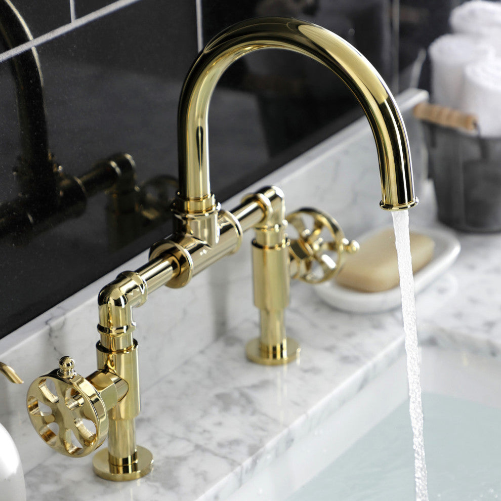 Belknap Style Wheel Handle Bridge Bathroom Faucet With Drain, Polished Brass