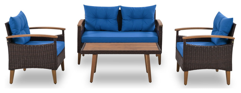4-Piece Outdoor Wicker Patio Sofa Set with Wood Table and Removable Cushions, Blue