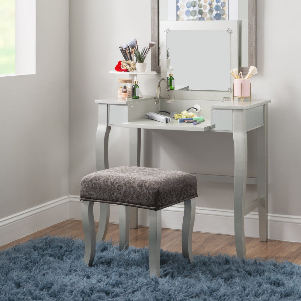 Elegant Vanity Set, Curvy Front Legs, Flip Up Mirror & Mirrored Accents, Silver
