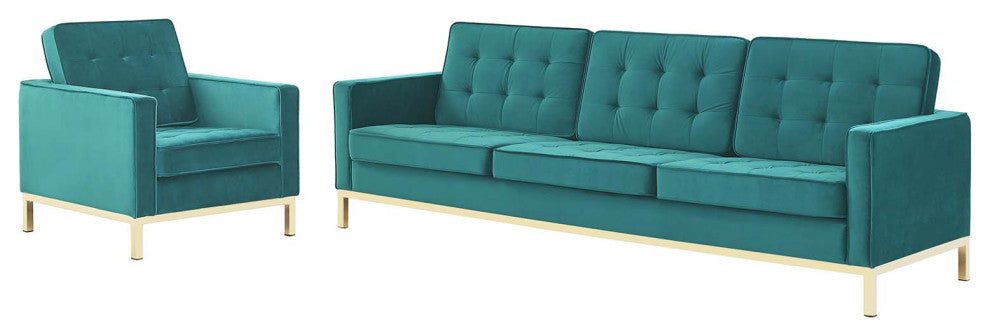Armchair and Sofa Set, Velvet, Gold Teal Blue, Modern, Living Lounge Hospitality