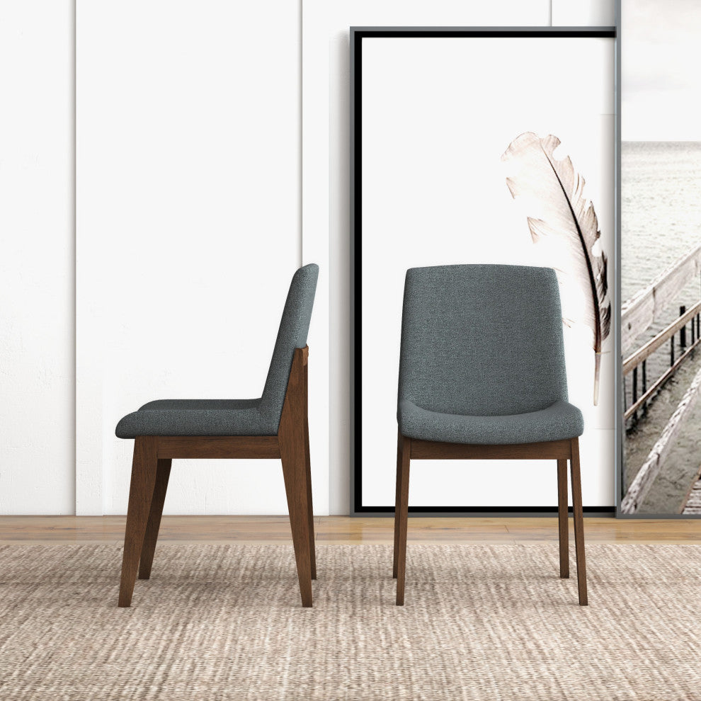 Ohio Midcentury Solid Wood Upholstered Dining Chair, Set of 2, Dark Grey