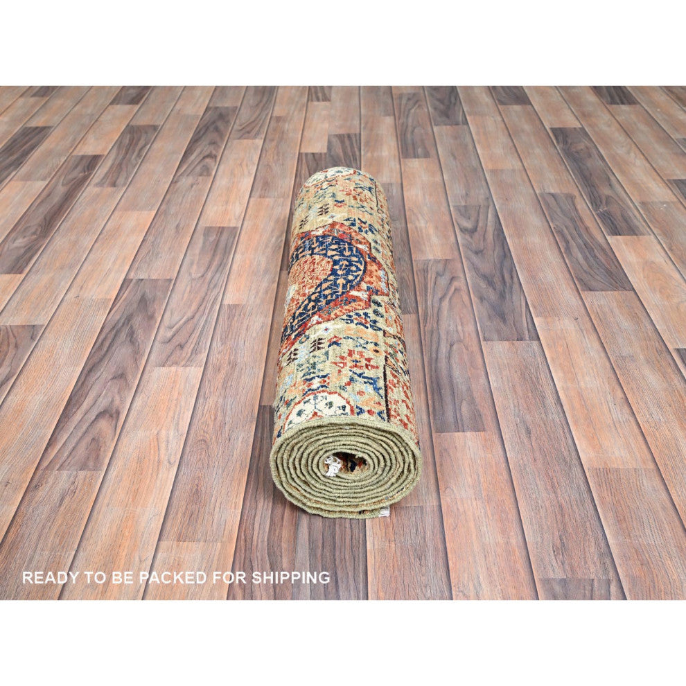 White, Mamluk Design, Soft Wool, Hand Knotted, Runner Oriental Rug, 2'5"x10'3"