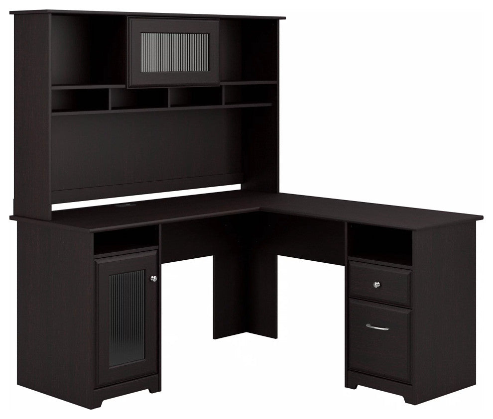 L-Shaped Desk With Hutch, Multiple Cabinets & Open Compartments, Espresso Oak