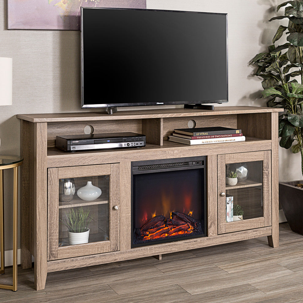 58" Wood Highboy Fireplace TV Stand, Driftwood
