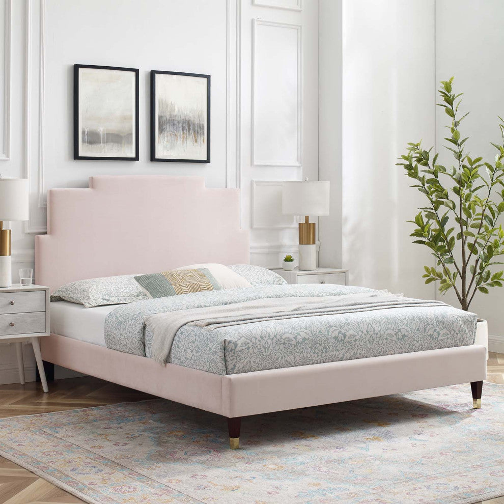 Platform Bed Frame, King Size, Velvet, Pink, Modern Contemporary, Bedroom Master