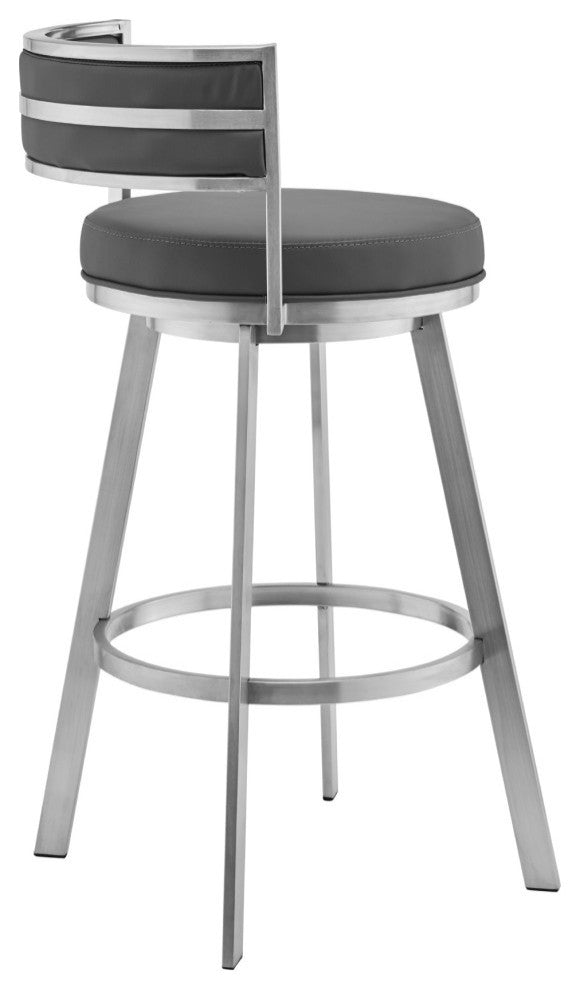 Roman 26" Gray Faux Leather and Brushed Stainless Steel Swivel Bar Stool