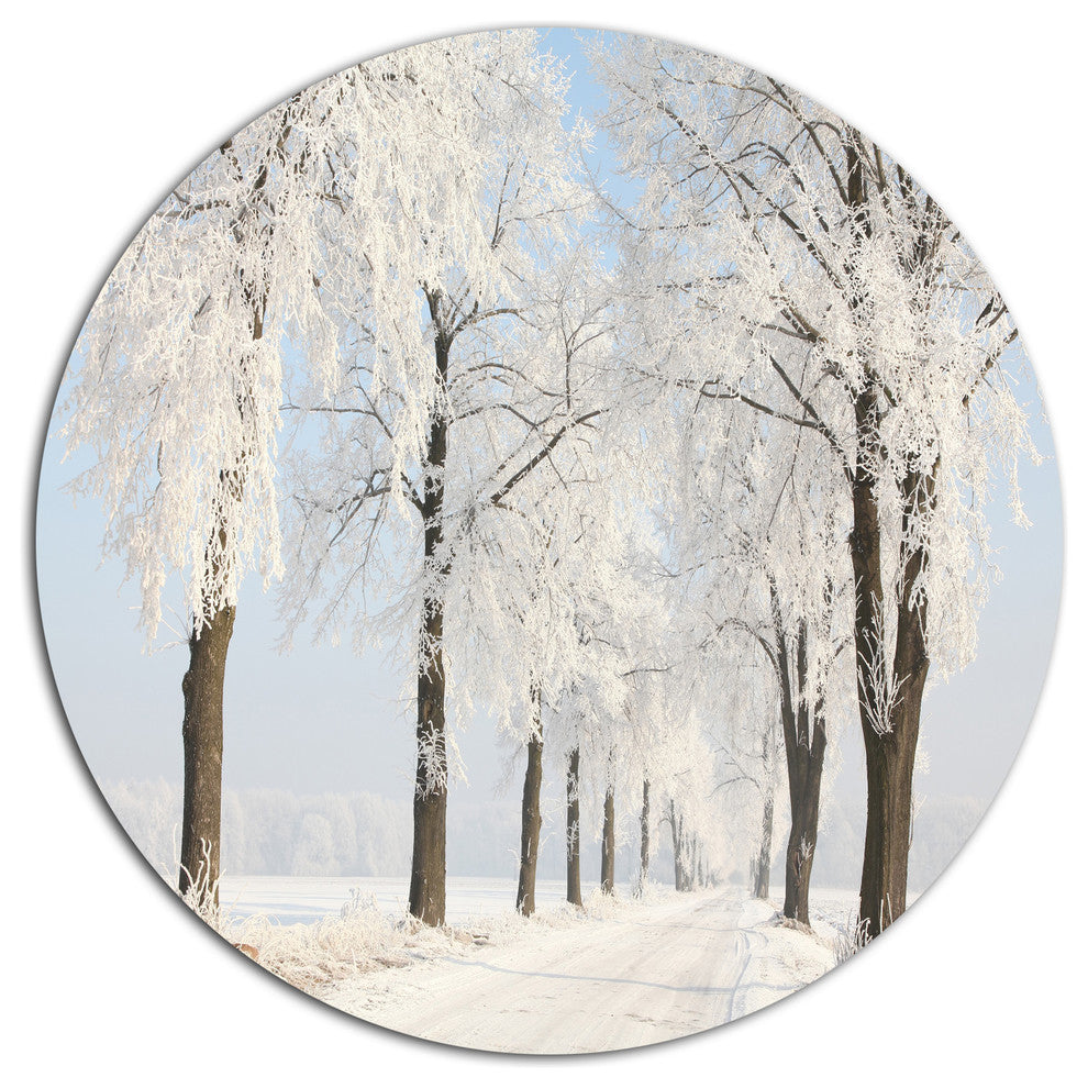 Winter Lane On Sunny Morning, Modern Forest Round Wall Art, 11"